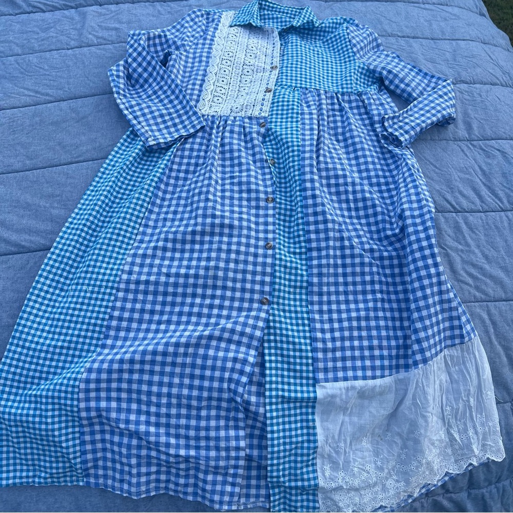 Shein Blue Gingham Patchwork Button Front Maxi Dr… - image 1